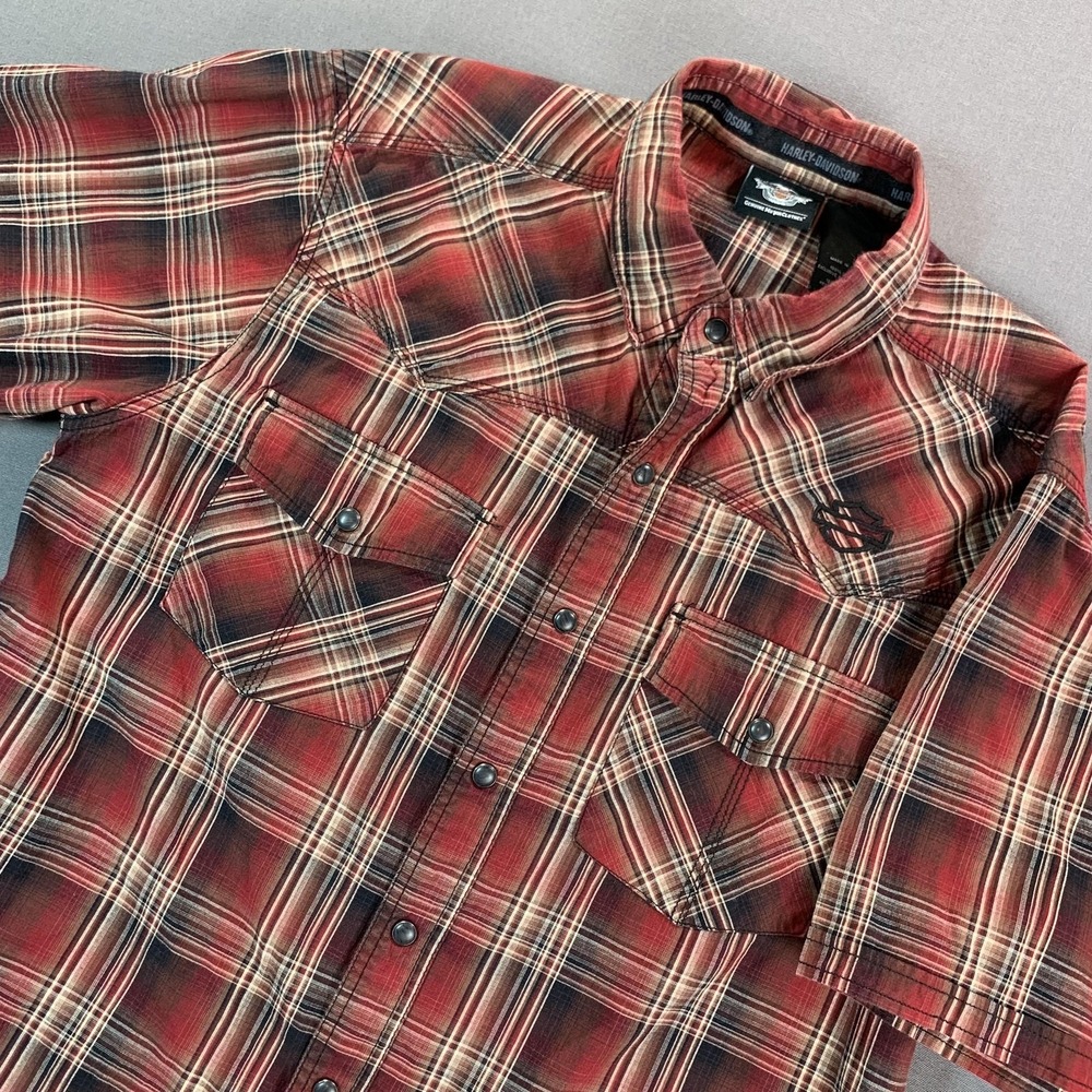 Harley-Davidson Shirt Mens Large Red Plaid Snap Front‎ Short Sleeve Motorcycle